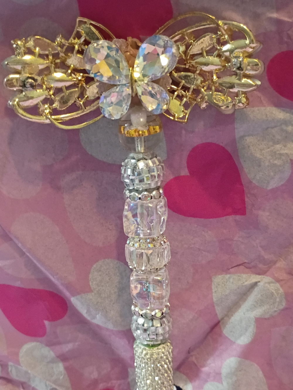 Crystal Butterfly Decorative Ballpoint Pen - Gold and Clear On Extended Pen Base